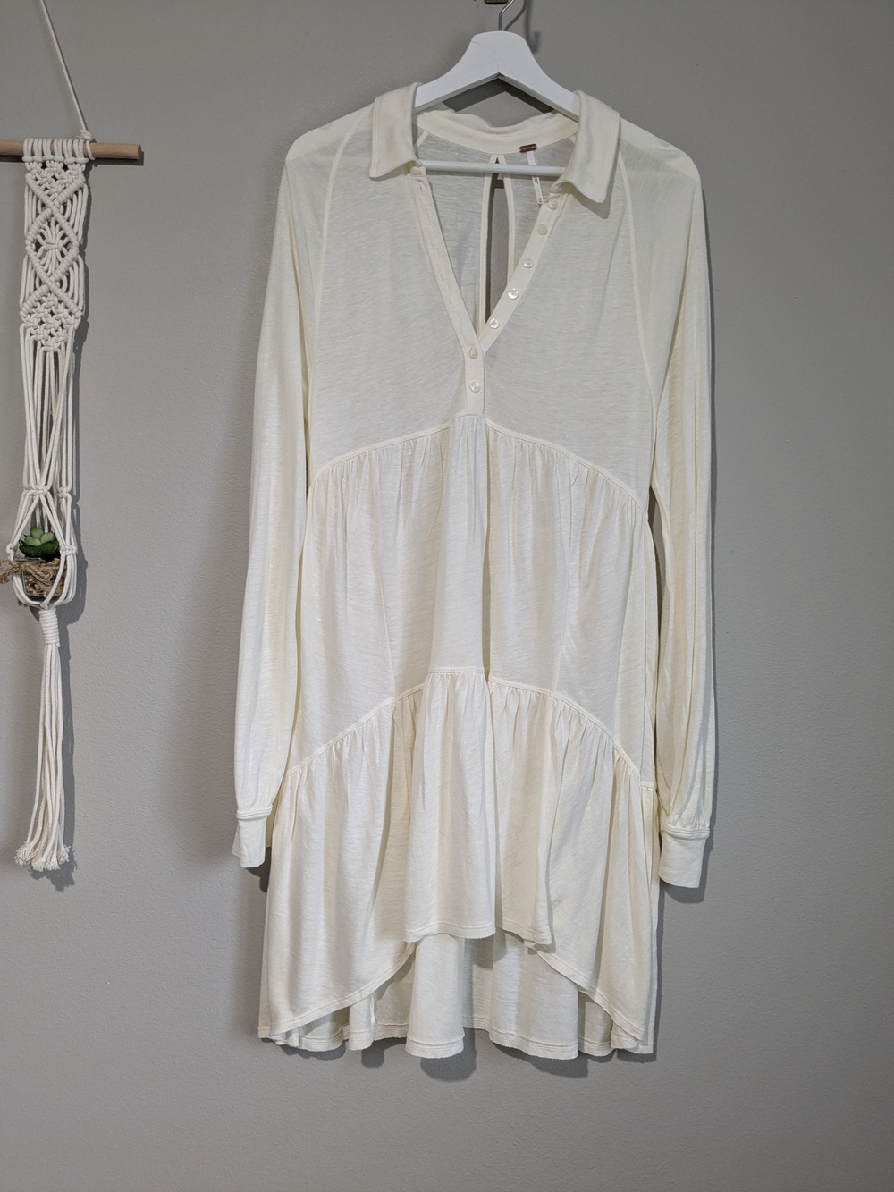 Free People Best Girl Cream Long-Sleeve Button Keyhole Tiered Tunic Top Dress M - Picture 5 of 13